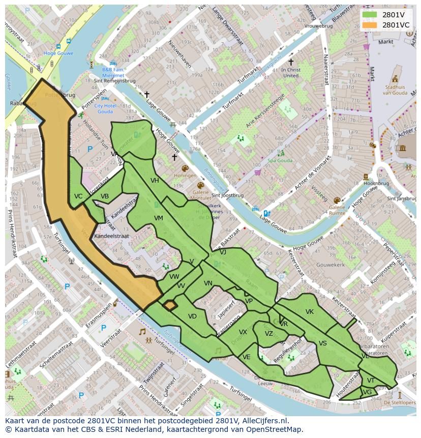 Afbeelding van het postcodegebied 2801 VC op de kaart.