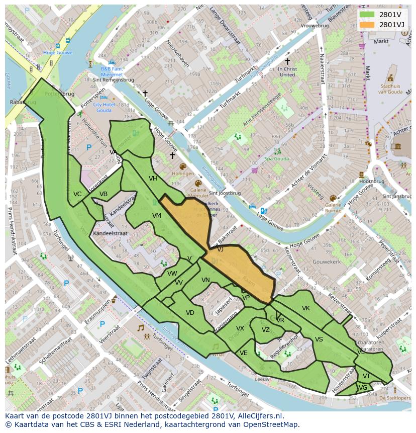 Afbeelding van het postcodegebied 2801 VJ op de kaart.