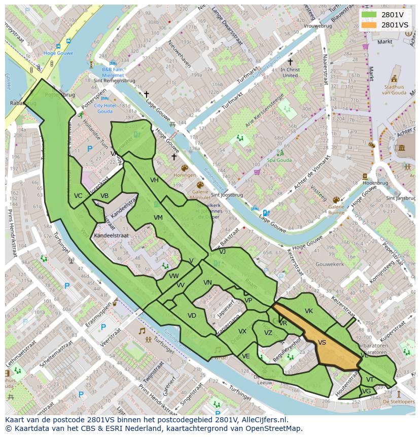 Afbeelding van het postcodegebied 2801 VS op de kaart.