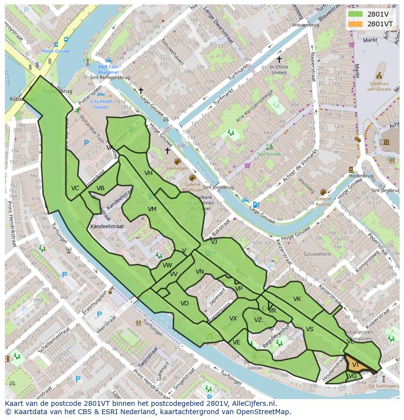 Afbeelding van het postcodegebied 2801 VT op de kaart.