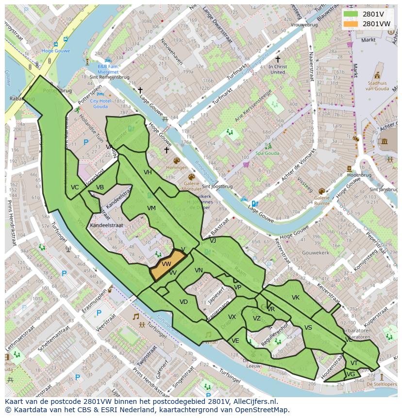 Afbeelding van het postcodegebied 2801 VW op de kaart.