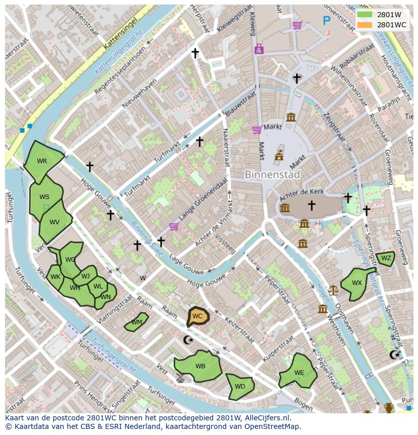 Afbeelding van het postcodegebied 2801 WC op de kaart.