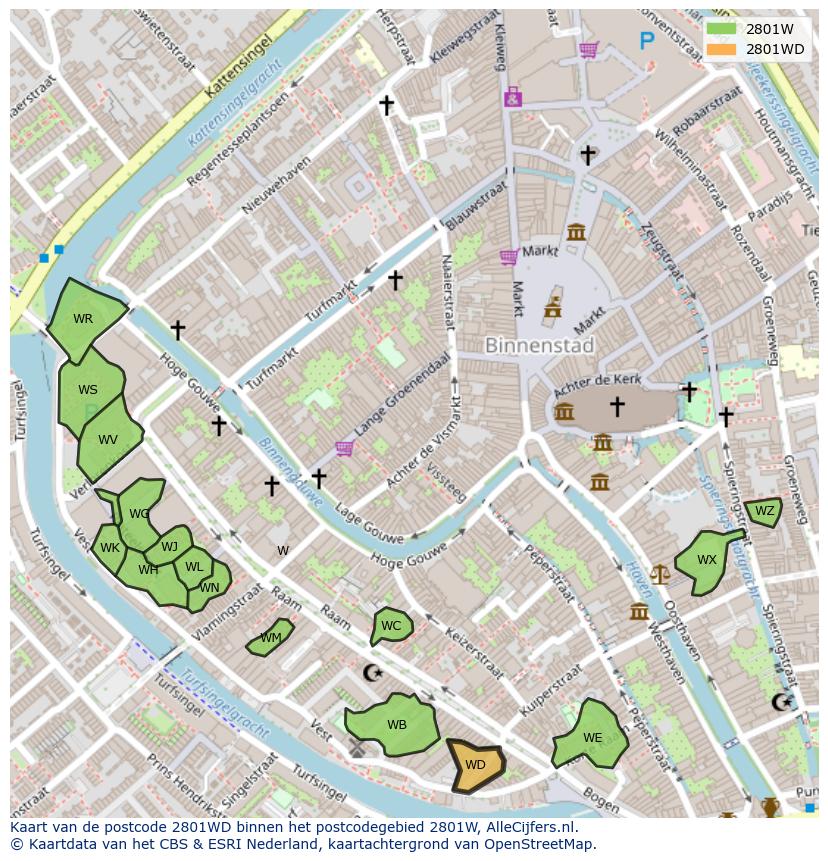 Afbeelding van het postcodegebied 2801 WD op de kaart.