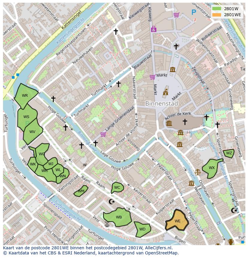 Afbeelding van het postcodegebied 2801 WE op de kaart.