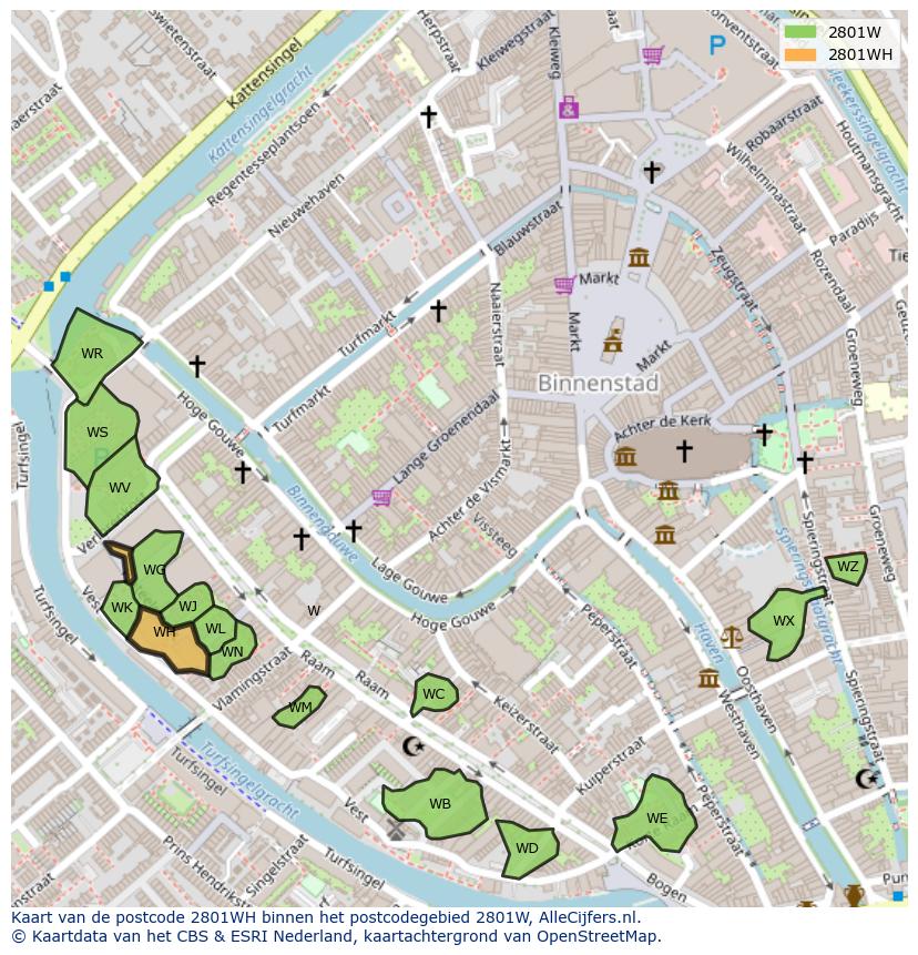 Afbeelding van het postcodegebied 2801 WH op de kaart.