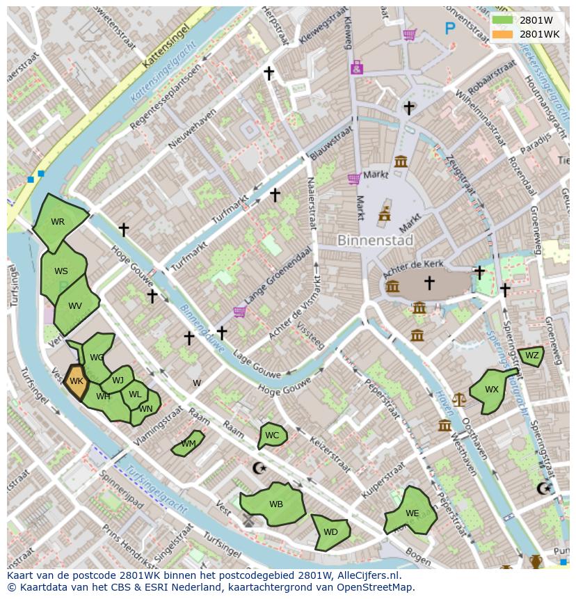 Afbeelding van het postcodegebied 2801 WK op de kaart.