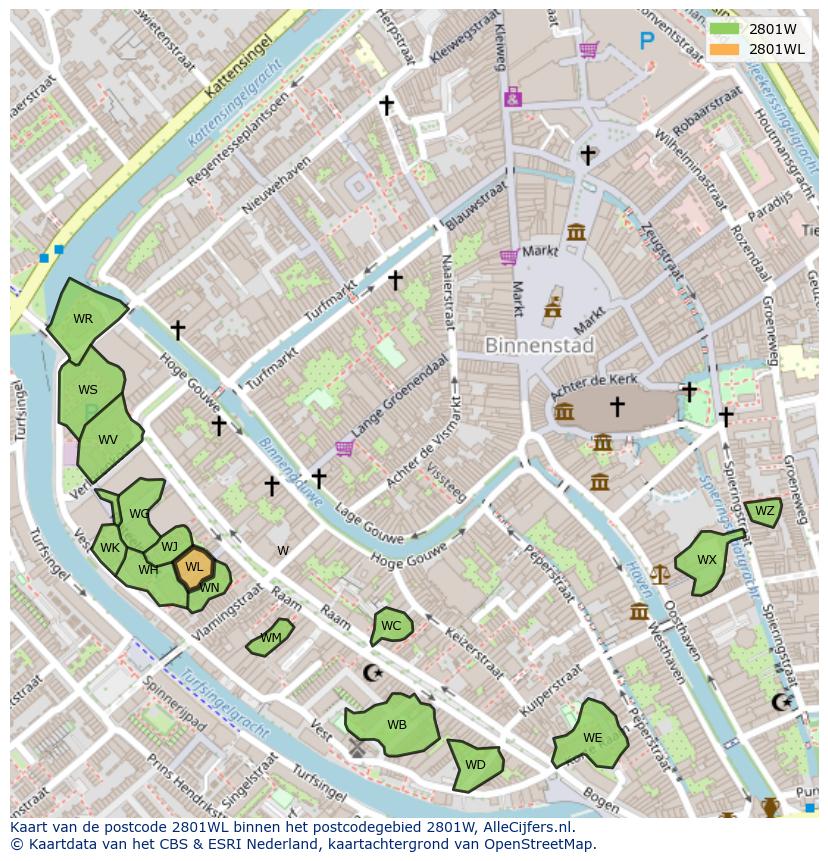 Afbeelding van het postcodegebied 2801 WL op de kaart.
