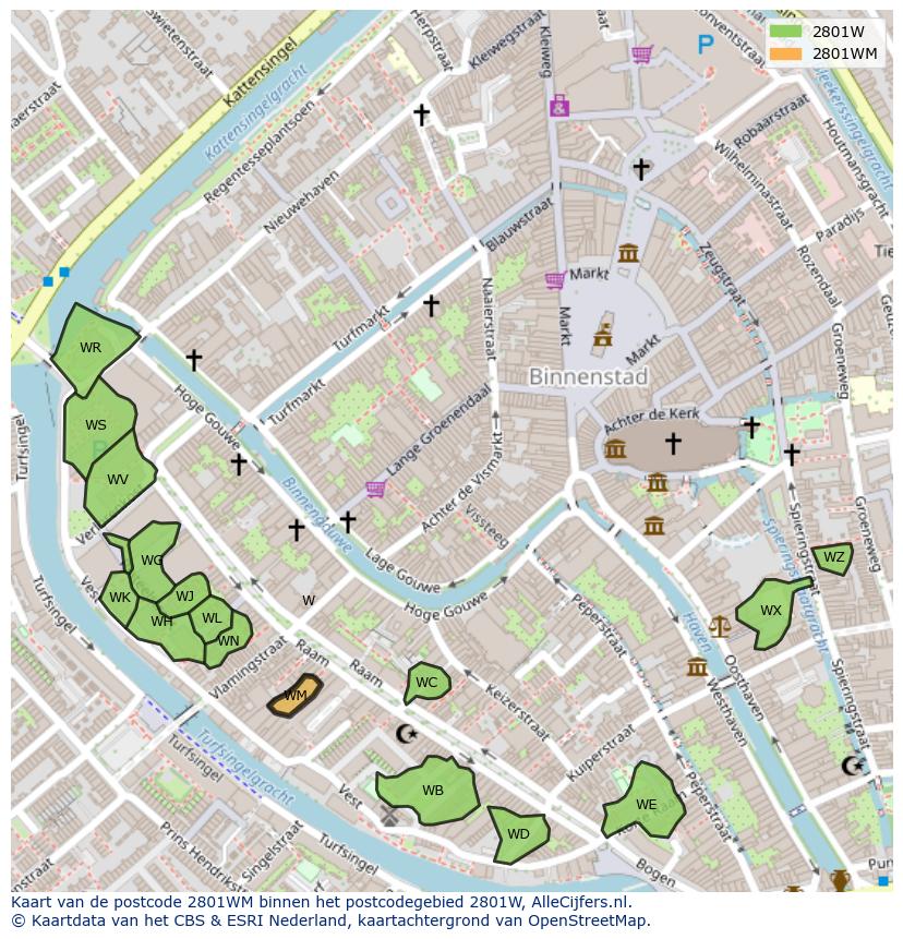Afbeelding van het postcodegebied 2801 WM op de kaart.