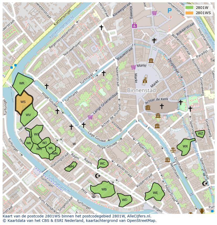Afbeelding van het postcodegebied 2801 WS op de kaart.