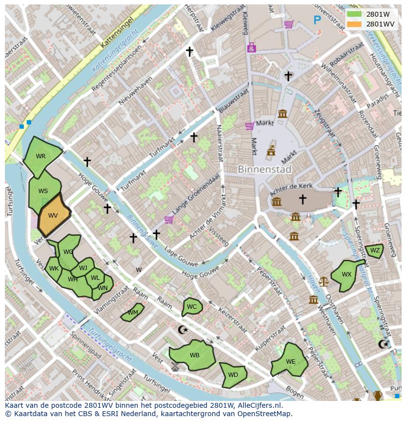 Afbeelding van het postcodegebied 2801 WV op de kaart.