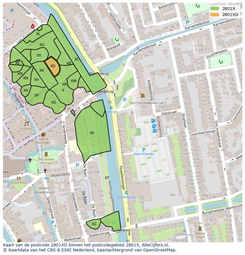 Afbeelding van het postcodegebied 2801 XD op de kaart.