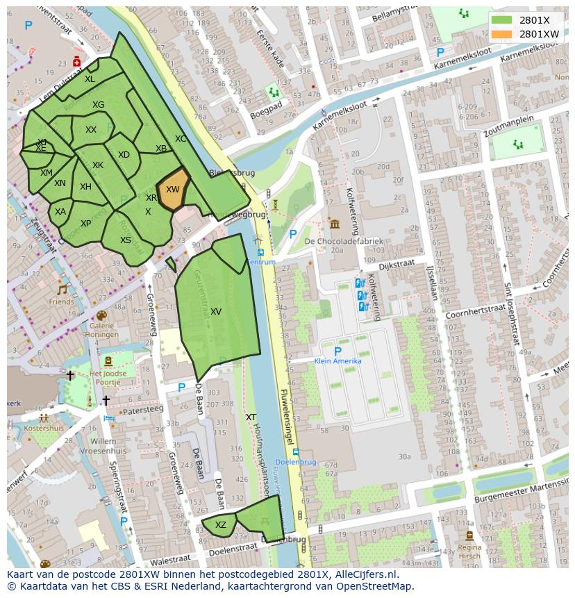 Afbeelding van het postcodegebied 2801 XW op de kaart.