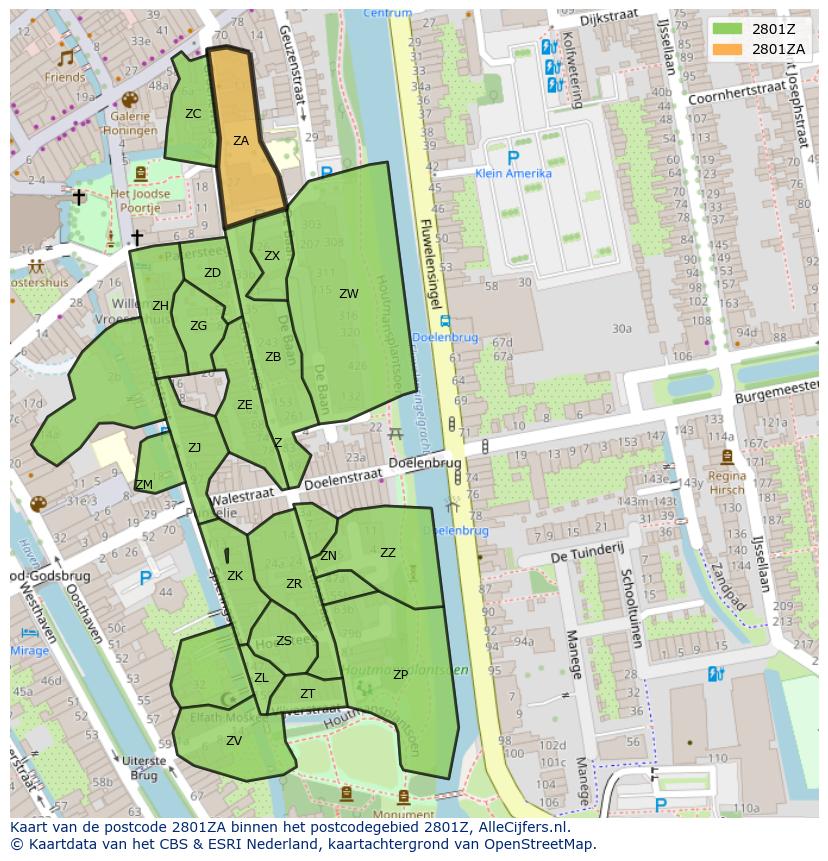 Afbeelding van het postcodegebied 2801 ZA op de kaart.