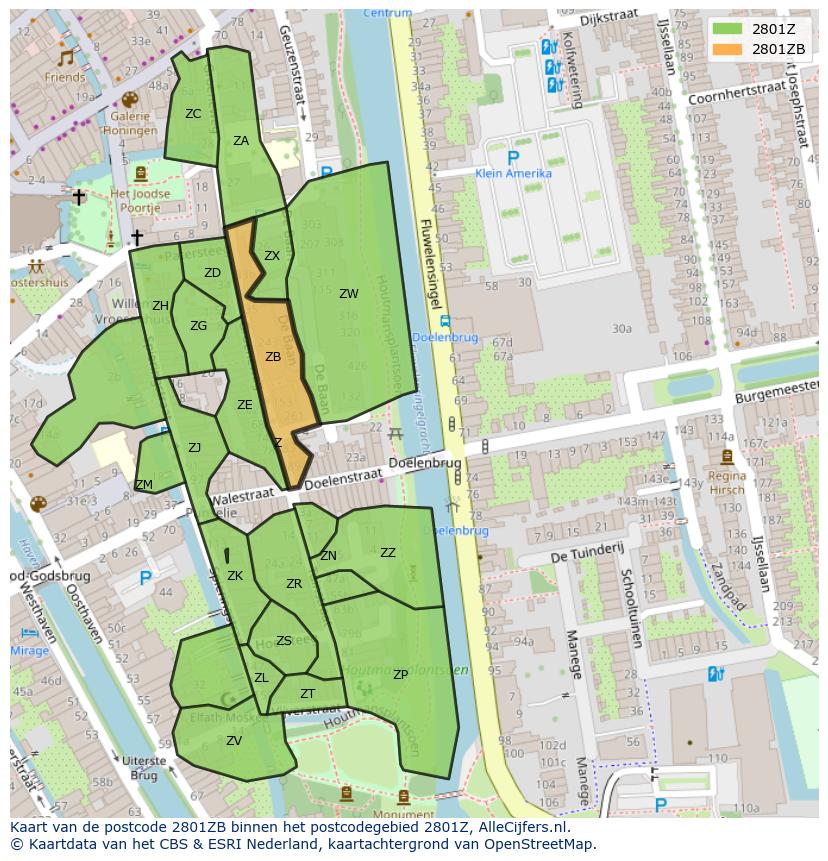 Afbeelding van het postcodegebied 2801 ZB op de kaart.