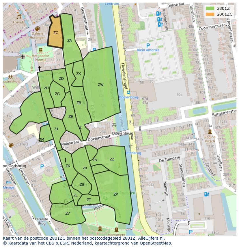 Afbeelding van het postcodegebied 2801 ZC op de kaart.