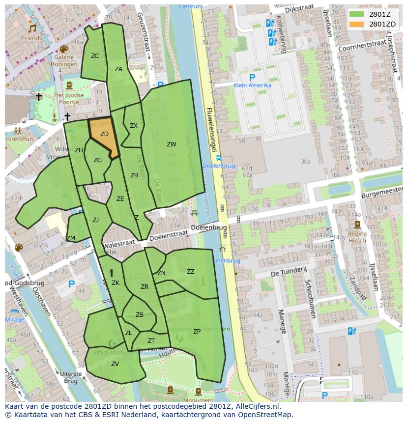Afbeelding van het postcodegebied 2801 ZD op de kaart.