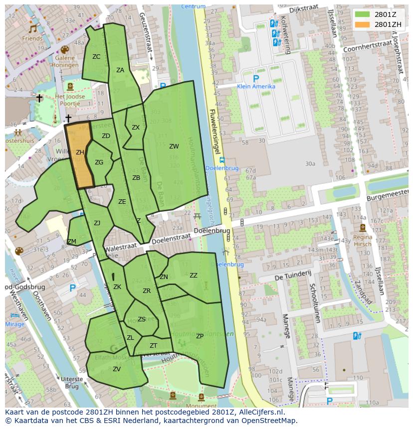 Afbeelding van het postcodegebied 2801 ZH op de kaart.
