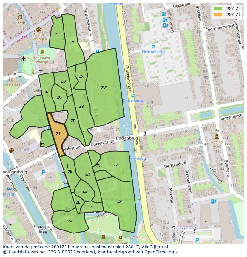 Afbeelding van het postcodegebied 2801 ZJ op de kaart.