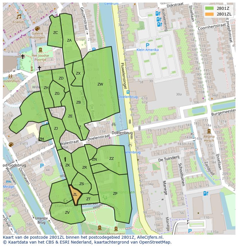 Afbeelding van het postcodegebied 2801 ZL op de kaart.