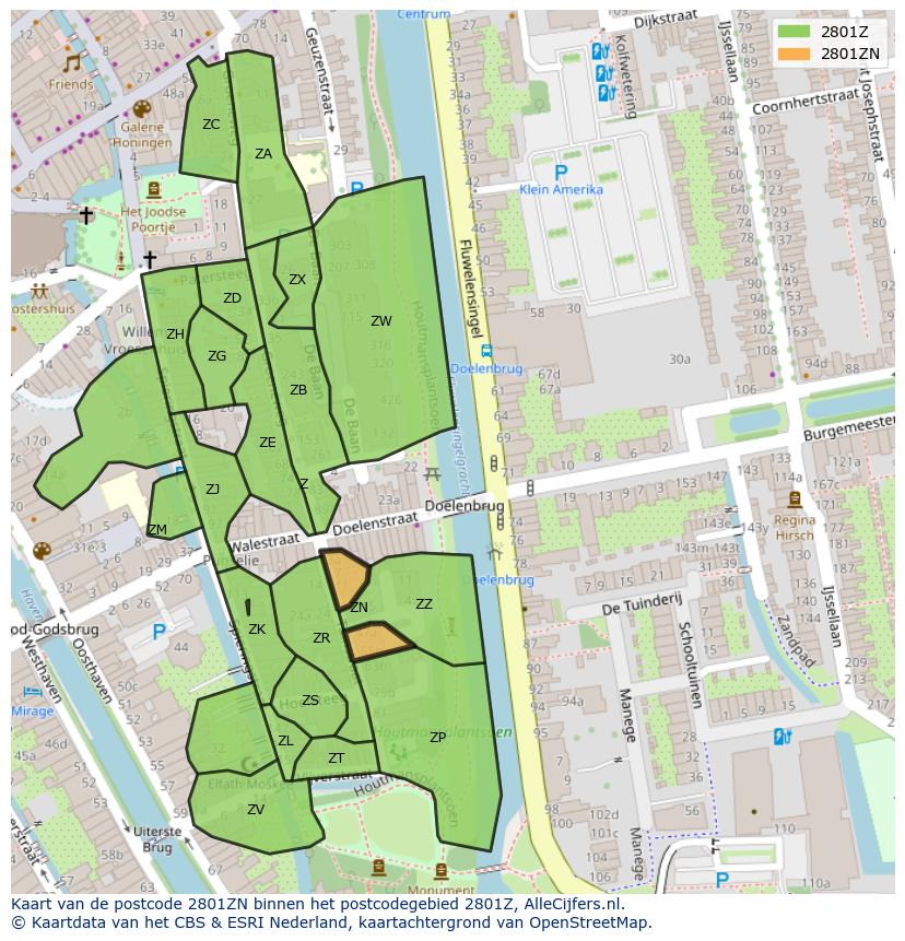 Afbeelding van het postcodegebied 2801 ZN op de kaart.