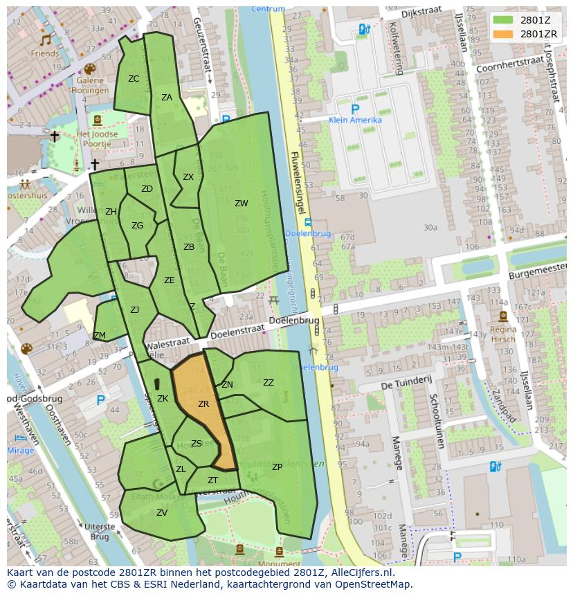 Afbeelding van het postcodegebied 2801 ZR op de kaart.