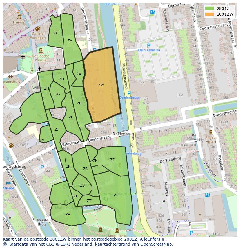 Afbeelding van het postcodegebied 2801 ZW op de kaart.
