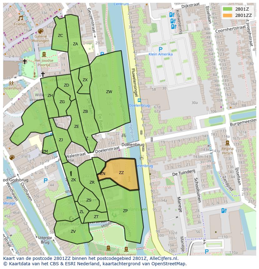 Afbeelding van het postcodegebied 2801 ZZ op de kaart.