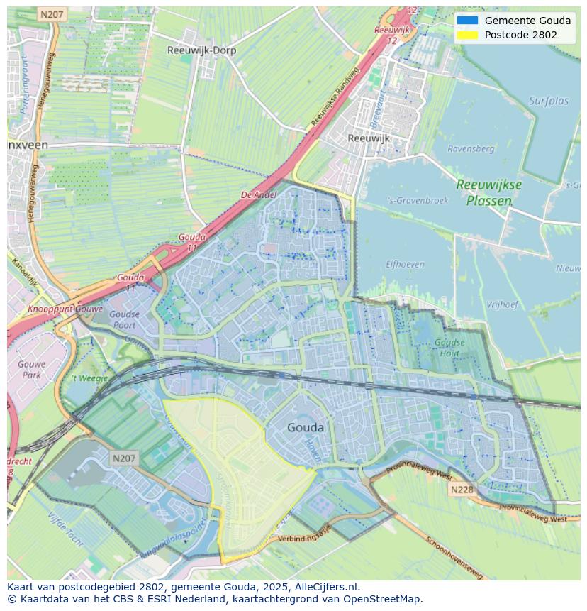 Afbeelding van het postcodegebied 2802 op de kaart.