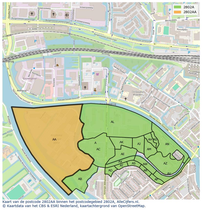 Afbeelding van het postcodegebied 2802 AA op de kaart.