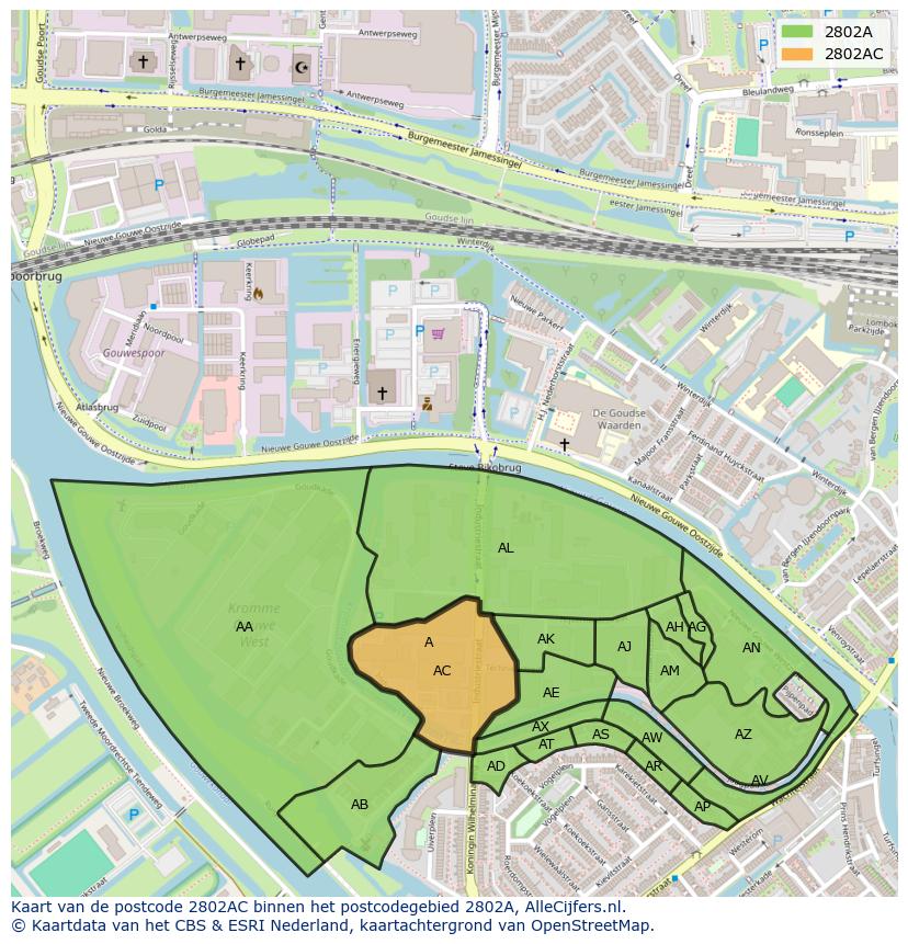 Afbeelding van het postcodegebied 2802 AC op de kaart.