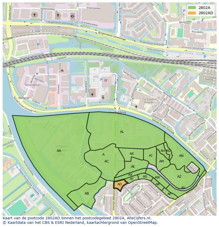 Afbeelding van het postcodegebied 2802 AD op de kaart.
