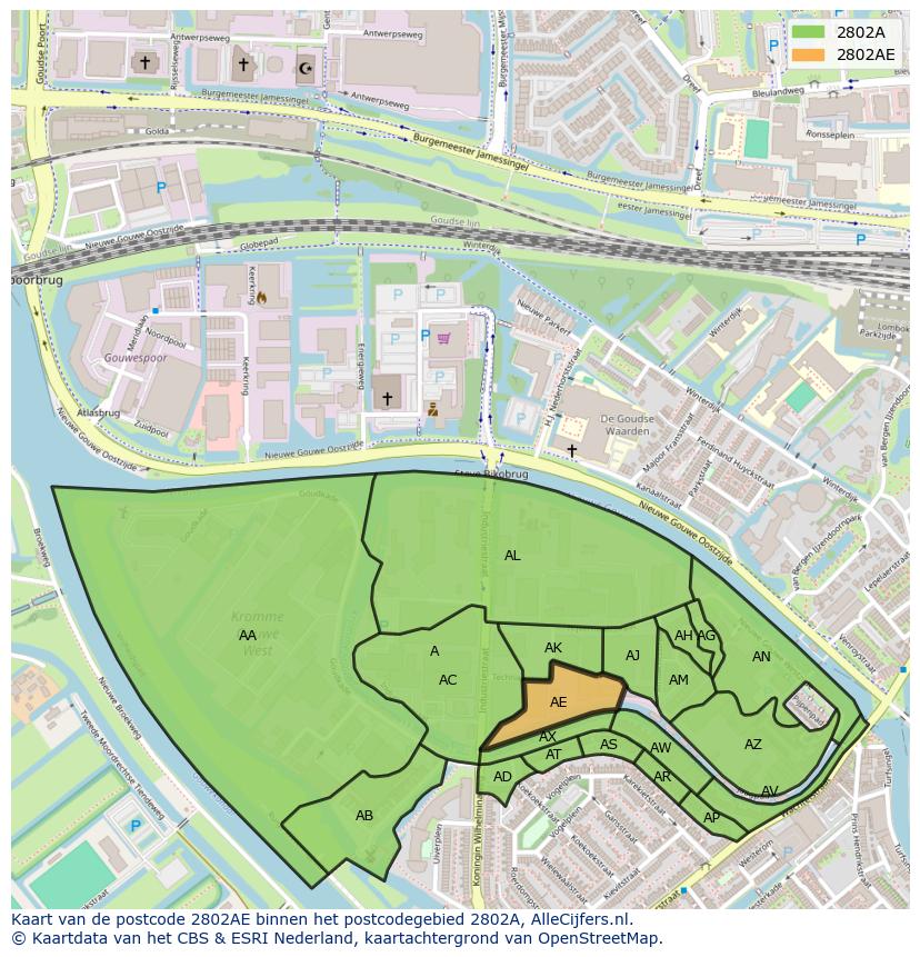 Afbeelding van het postcodegebied 2802 AE op de kaart.