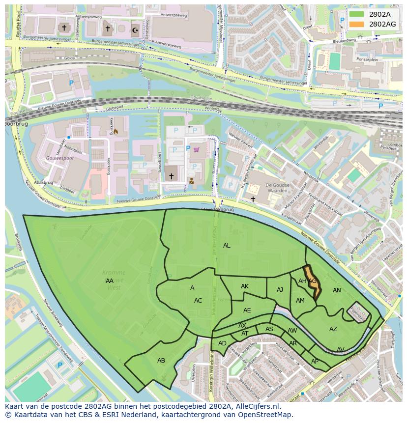 Afbeelding van het postcodegebied 2802 AG op de kaart.