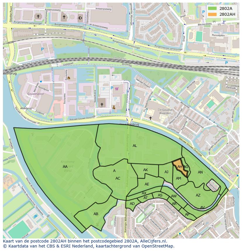 Afbeelding van het postcodegebied 2802 AH op de kaart.