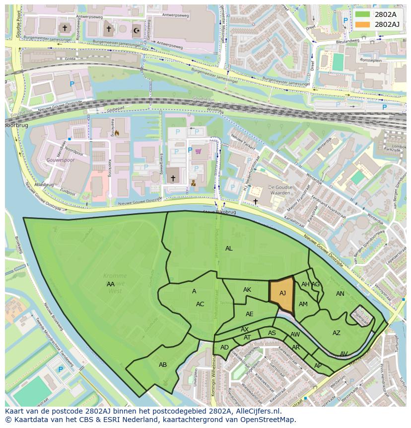 Afbeelding van het postcodegebied 2802 AJ op de kaart.