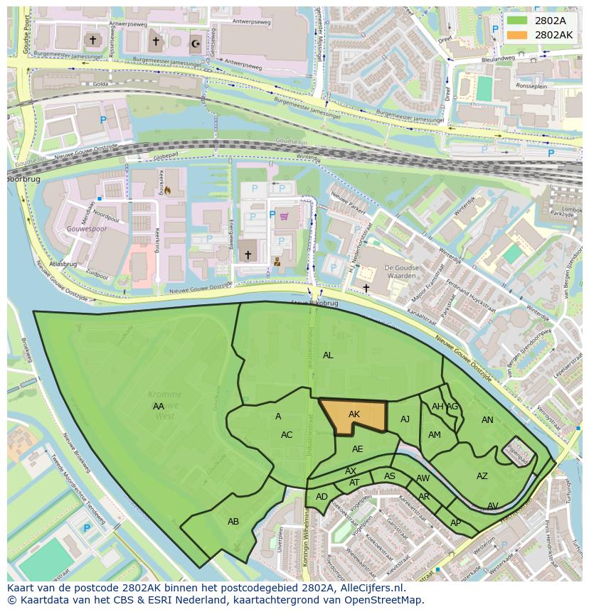 Afbeelding van het postcodegebied 2802 AK op de kaart.