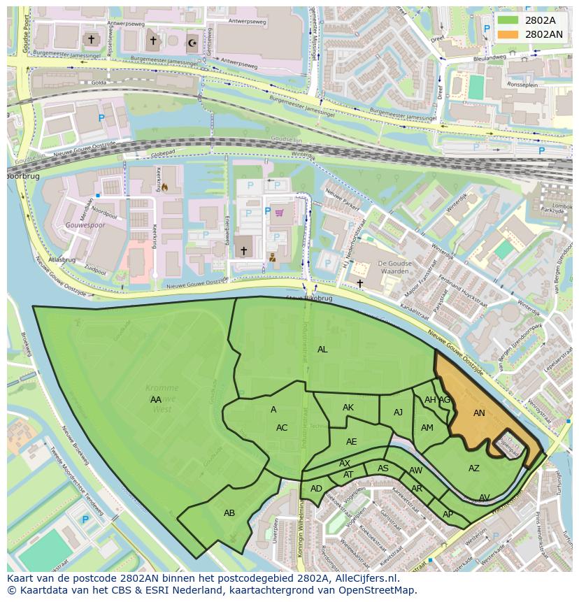 Afbeelding van het postcodegebied 2802 AN op de kaart.