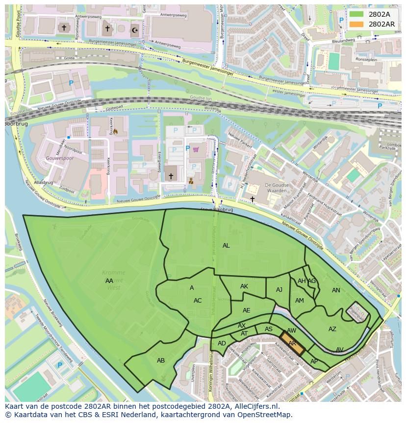 Afbeelding van het postcodegebied 2802 AR op de kaart.