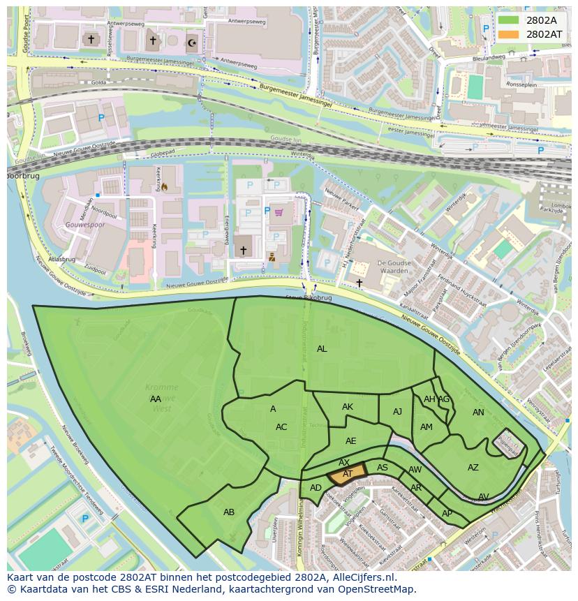 Afbeelding van het postcodegebied 2802 AT op de kaart.