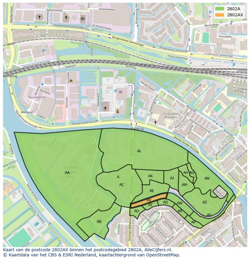 Afbeelding van het postcodegebied 2802 AX op de kaart.