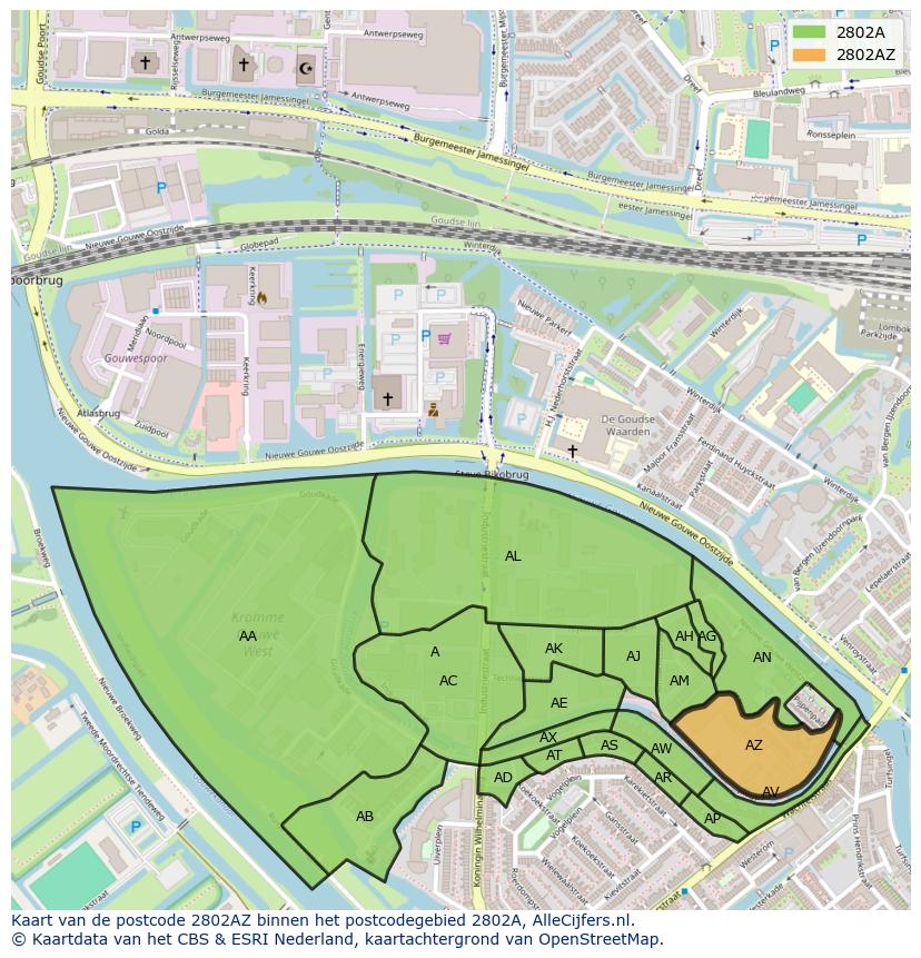 Afbeelding van het postcodegebied 2802 AZ op de kaart.