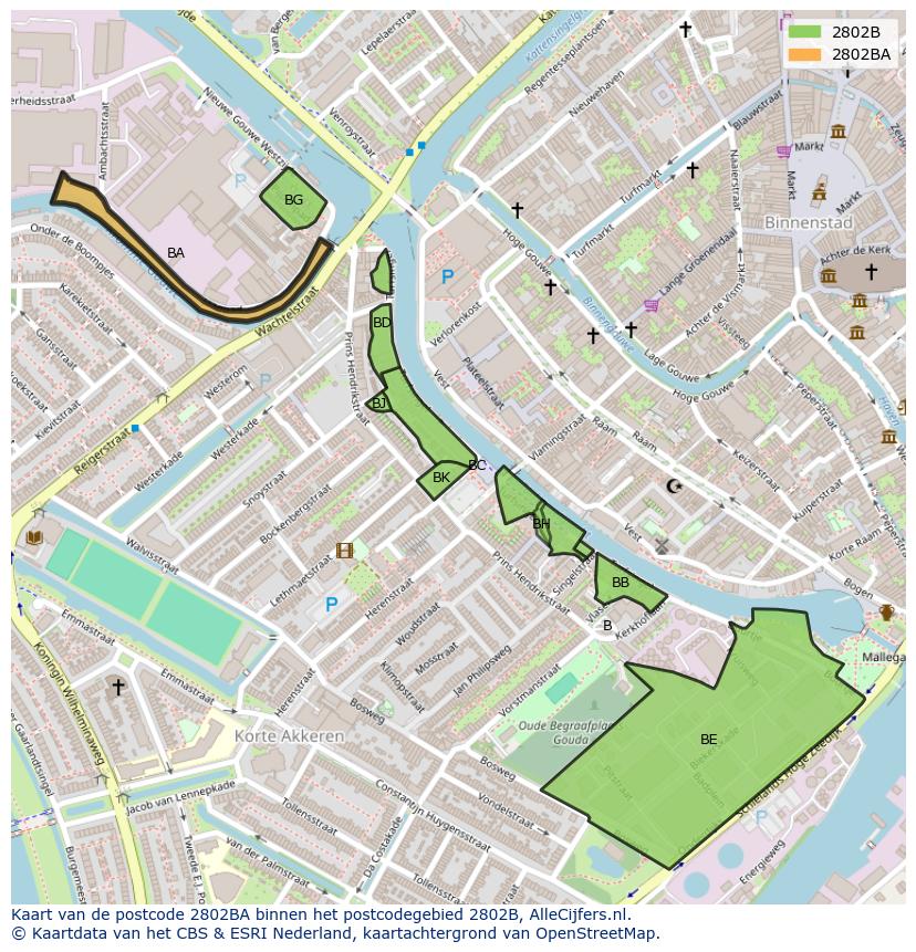 Afbeelding van het postcodegebied 2802 BA op de kaart.
