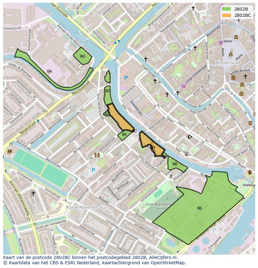 Afbeelding van het postcodegebied 2802 BC op de kaart.