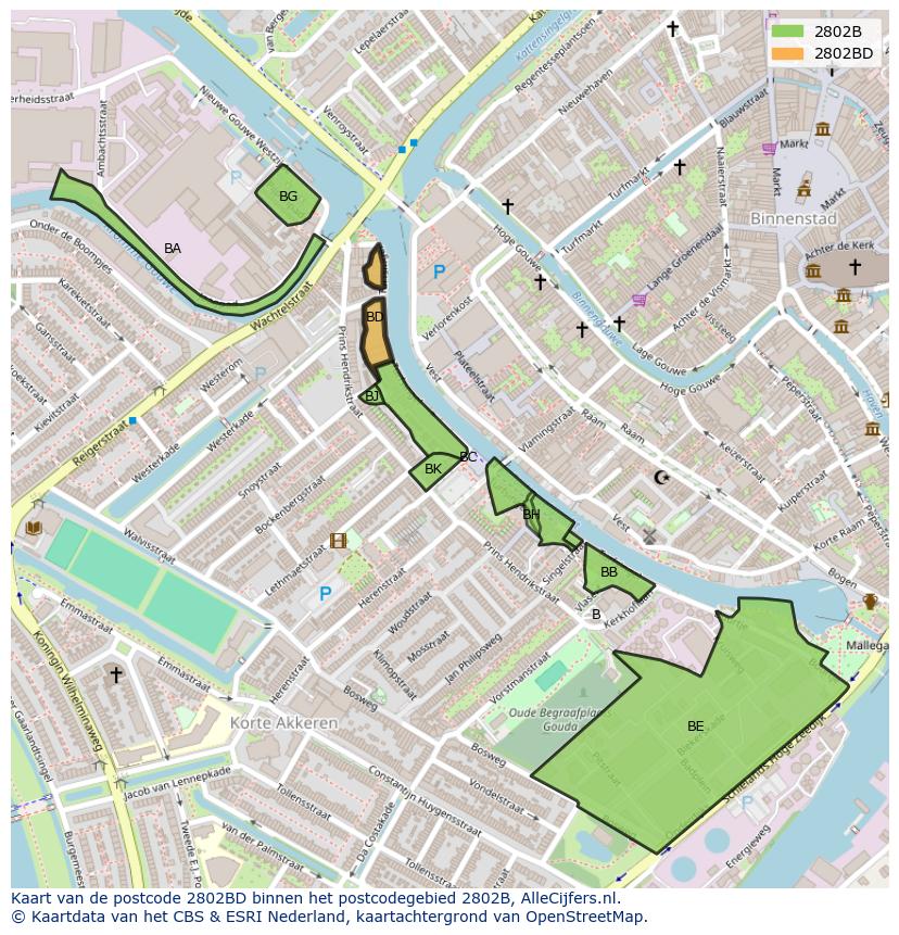 Afbeelding van het postcodegebied 2802 BD op de kaart.