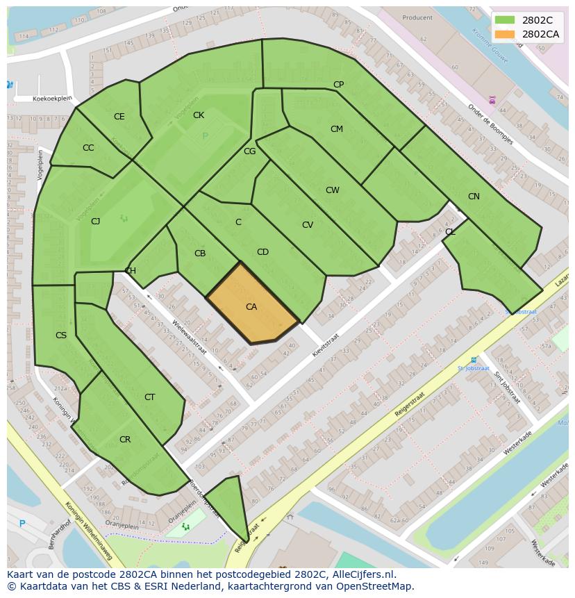 Afbeelding van het postcodegebied 2802 CA op de kaart.
