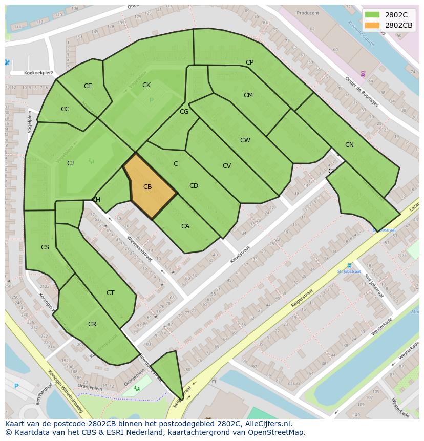 Afbeelding van het postcodegebied 2802 CB op de kaart.