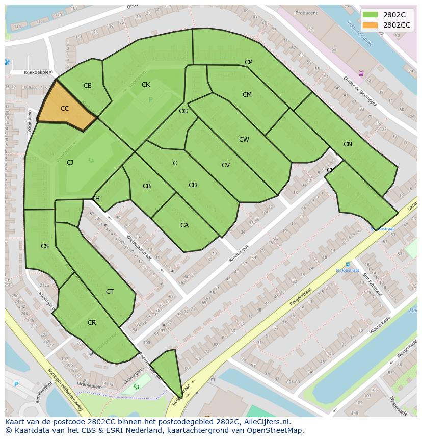 Afbeelding van het postcodegebied 2802 CC op de kaart.