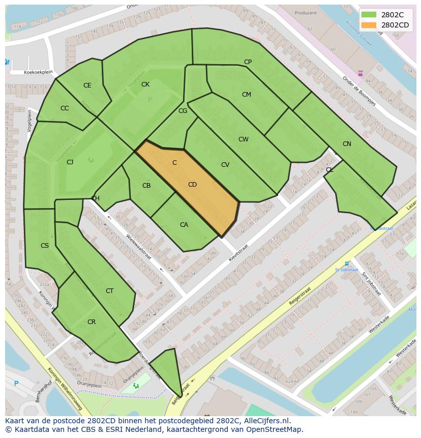 Afbeelding van het postcodegebied 2802 CD op de kaart.