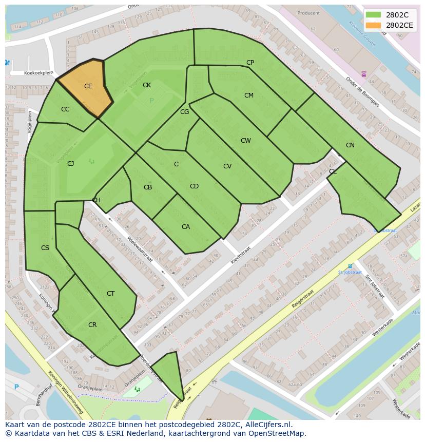 Afbeelding van het postcodegebied 2802 CE op de kaart.