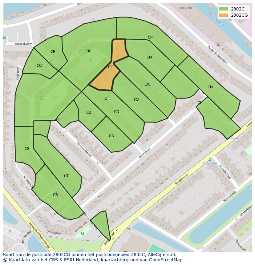 Afbeelding van het postcodegebied 2802 CG op de kaart.